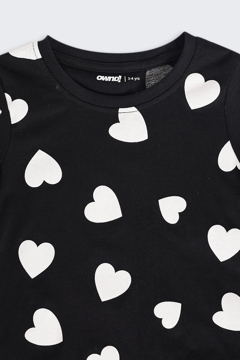 Girls Regular Fit Black Heart Printed T-Shirt - Image 5