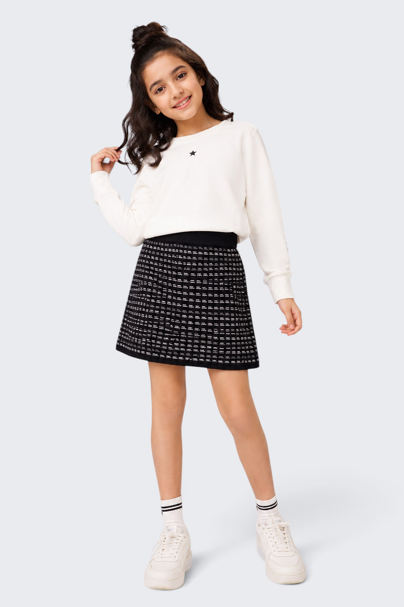 Tweens Girls Mid Rise Black Self Design Skirt - Image 1