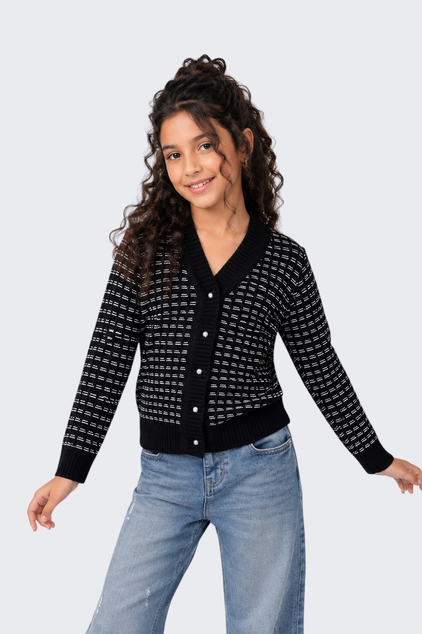 Tweens Girls Regular Fit Black Self Design Sweater - Image 1