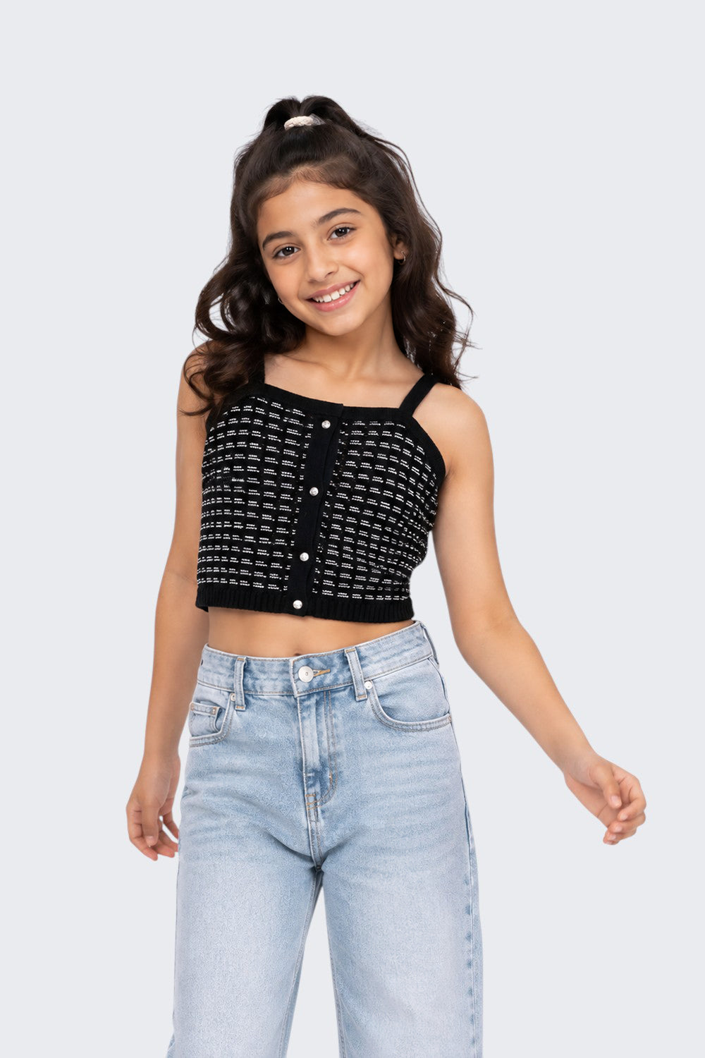 Tweens Girls Regular Fit Black Self Design Crop Top - Image 1