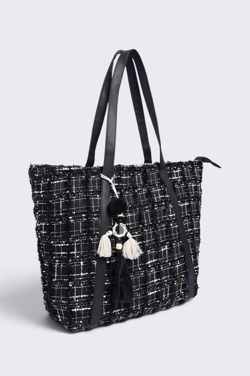 Womens  Black Tassel And Pom Pom Detail Tote Bag - Image 3
