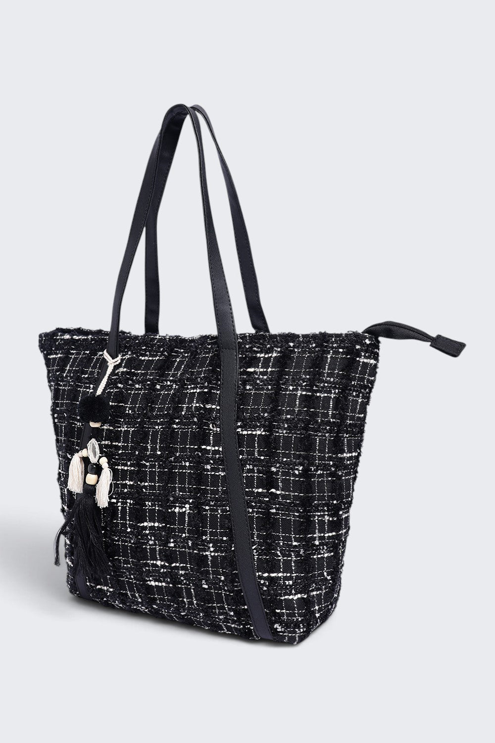 Womens  Black Tassel And Pom Pom Detail Tote Bag - Image 4