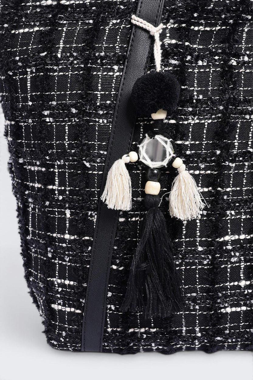 Womens  Black Tassel And Pom Pom Detail Tote Bag - Image 6