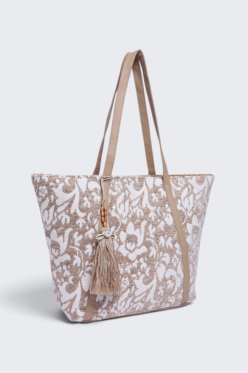 Womens  Beige Tassel Detail Tote Bag - Image 3