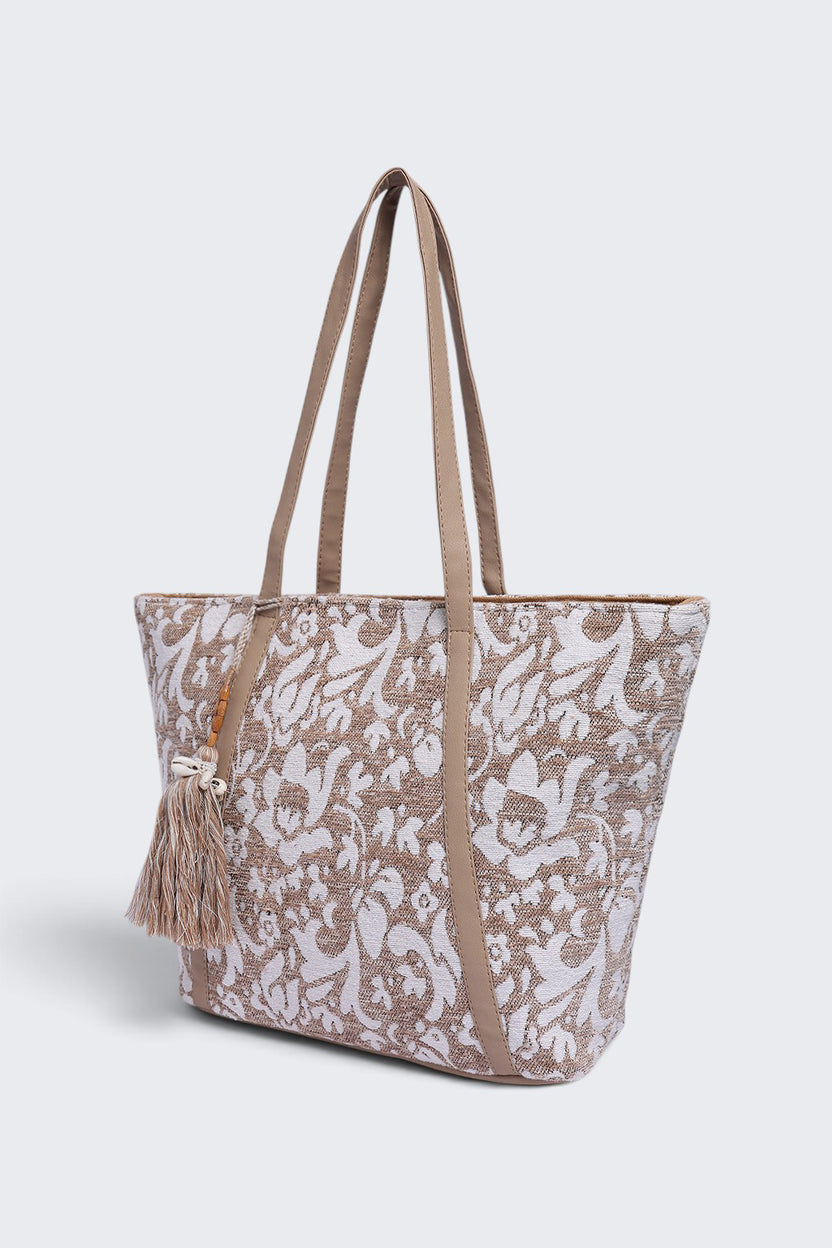 Womens  Beige Tassel Detail Tote Bag - Image 4