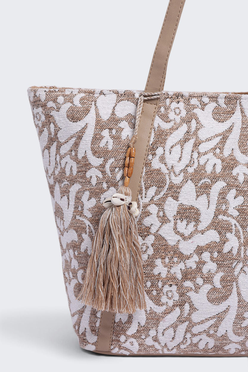 Womens  Beige Tassel Detail Tote Bag - Image 6