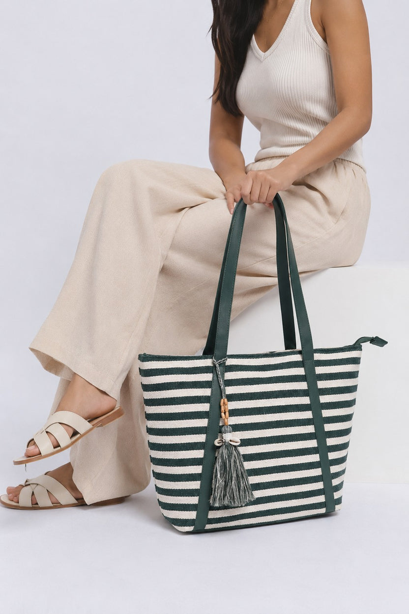 Womens  Green Striped Tote Bag - Image 1