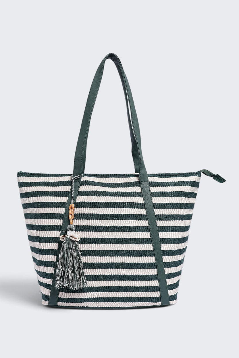 Womens  Green Striped Tote Bag - Image 2