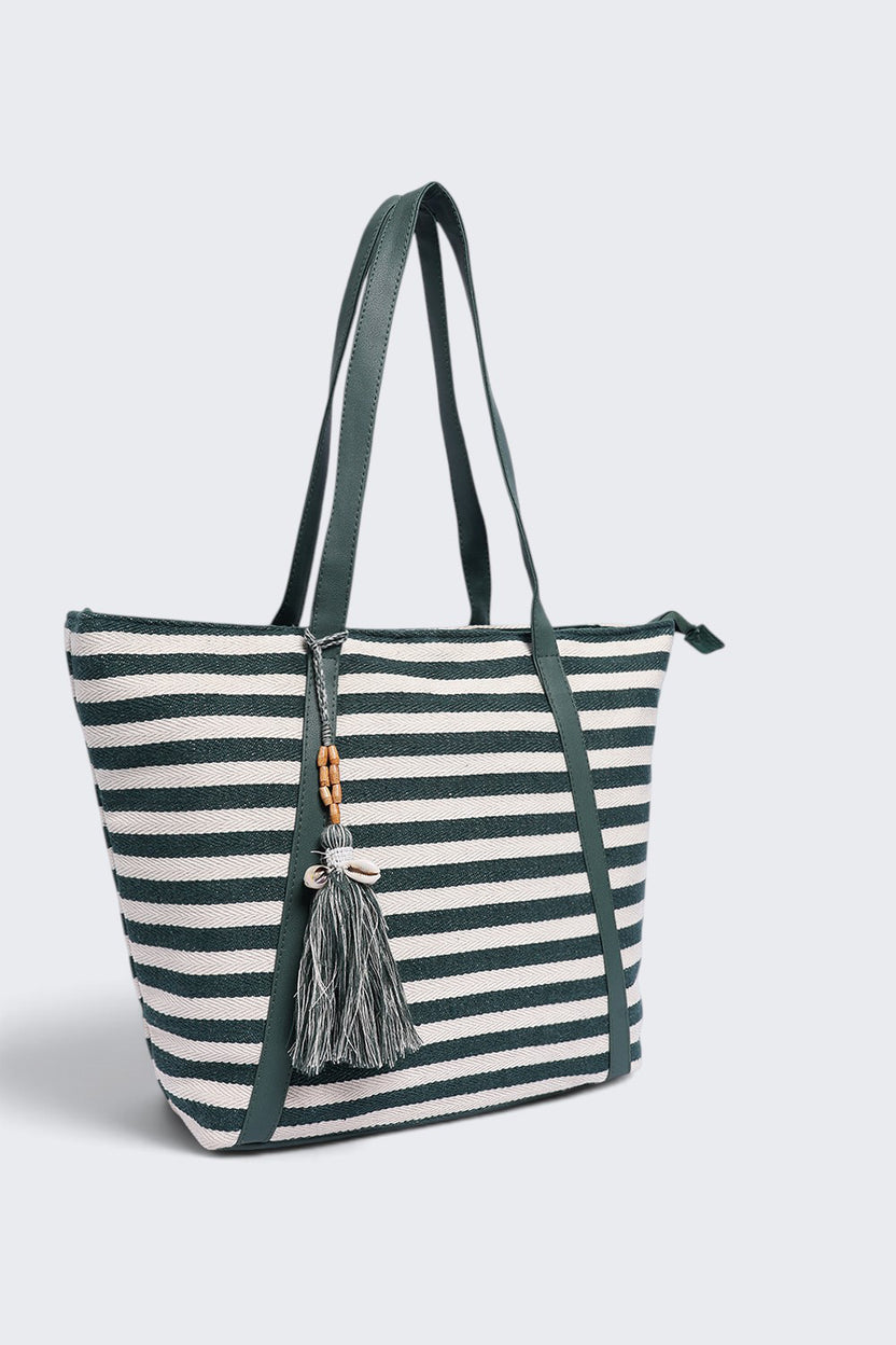Womens  Green Striped Tote Bag - Image 3