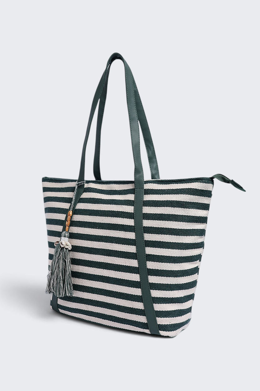 Womens  Green Striped Tote Bag - Image 4