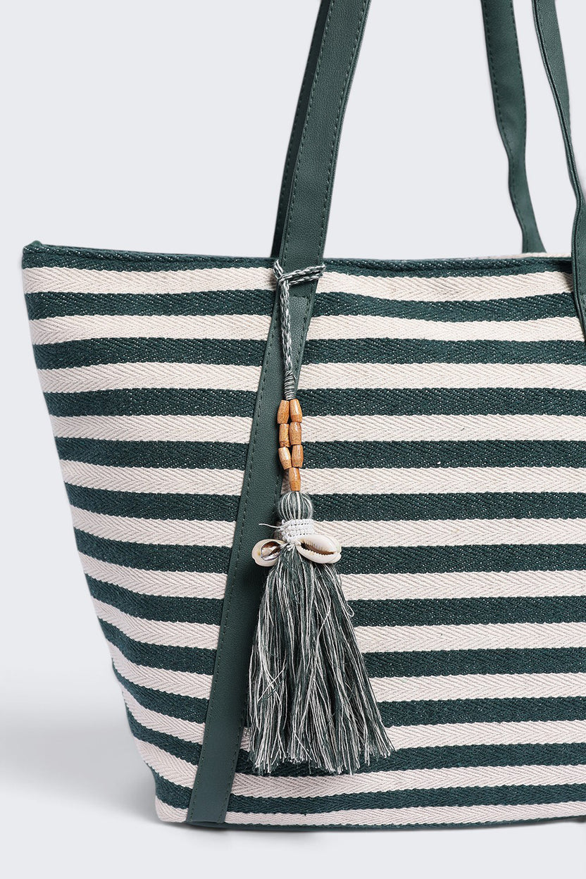 Womens  Green Striped Tote Bag - Image 6