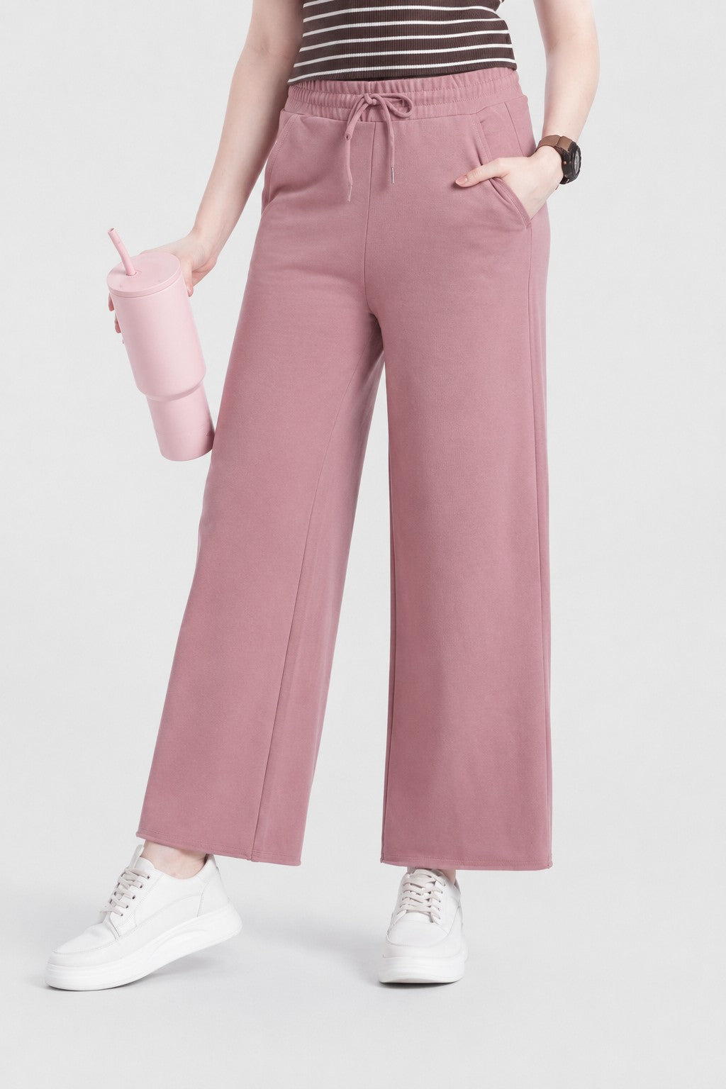 Womens Wide Leg Fit Mauve Solid Pant - Image 1
