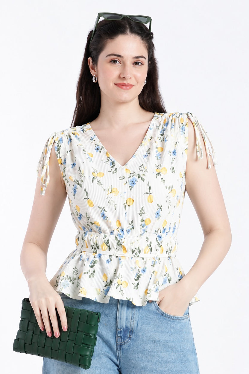 Womens Flared Yellow Floral Tied Up Top - Image 1