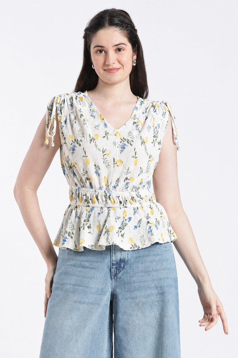 Womens Flared Yellow Floral Tied Up Top - Image 2