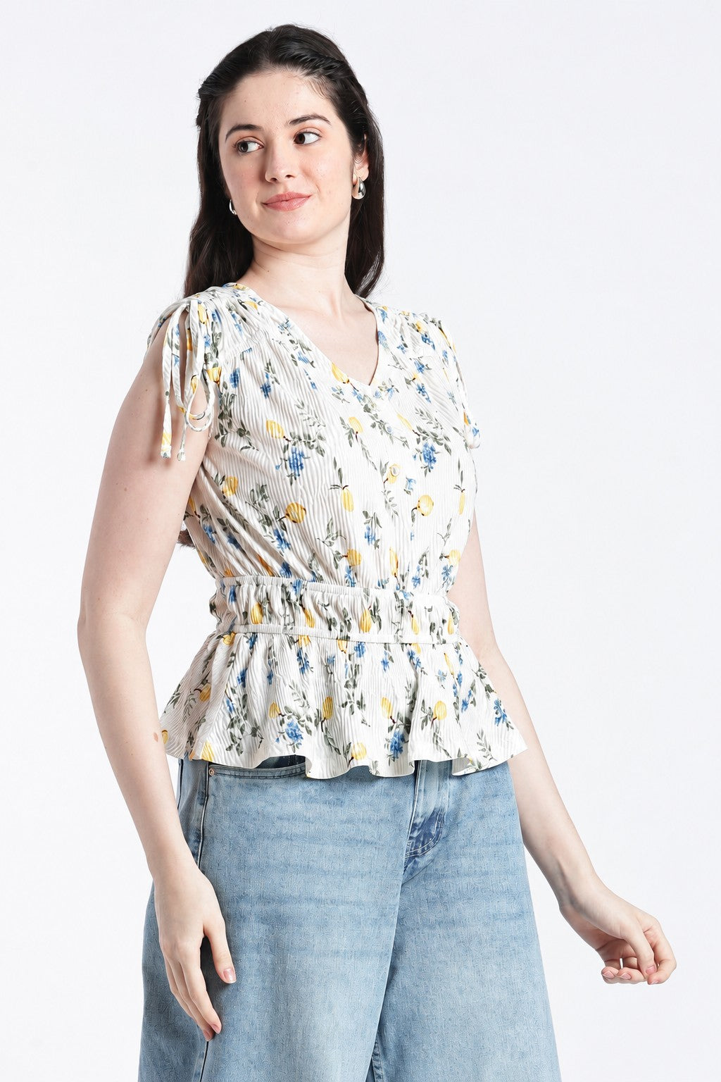 Womens Flared Yellow Floral Tied Up Top - Image 4