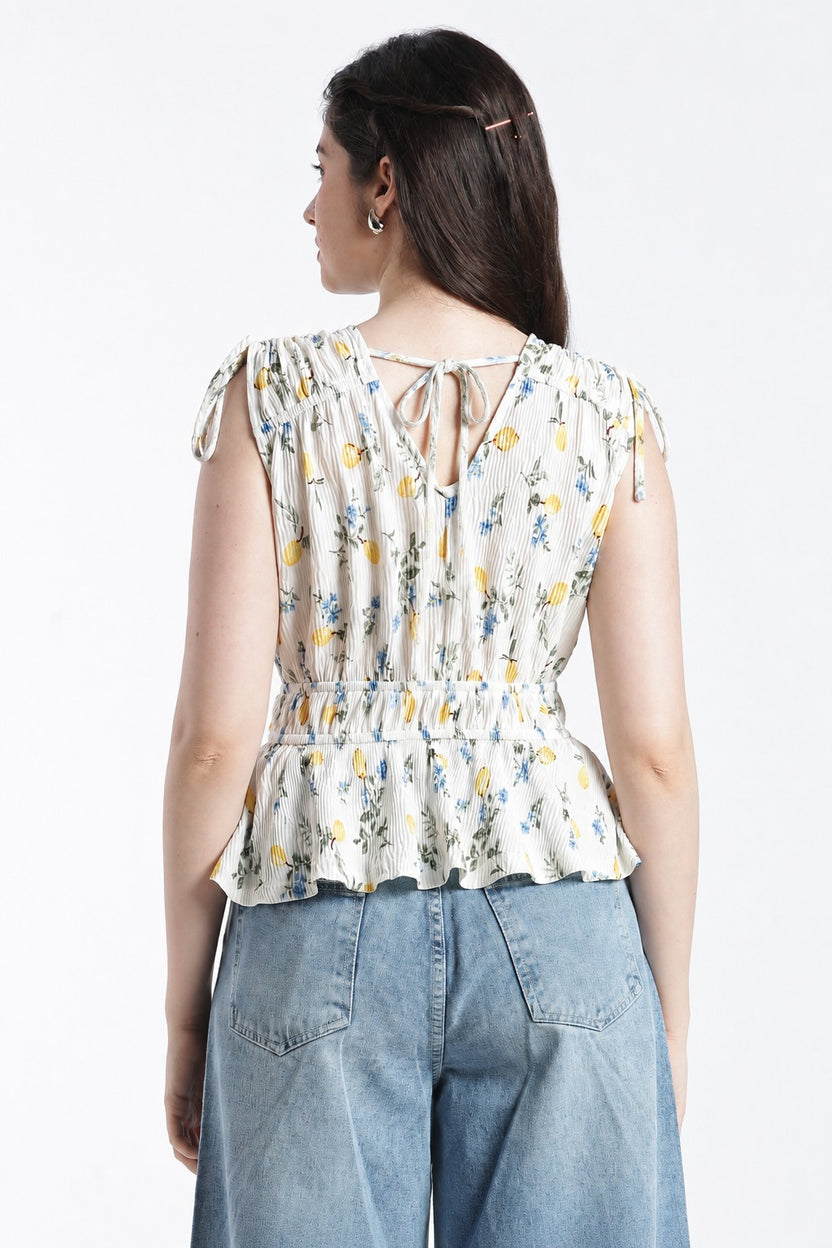 Womens Flared Yellow Floral Tied Up Top - Image 5