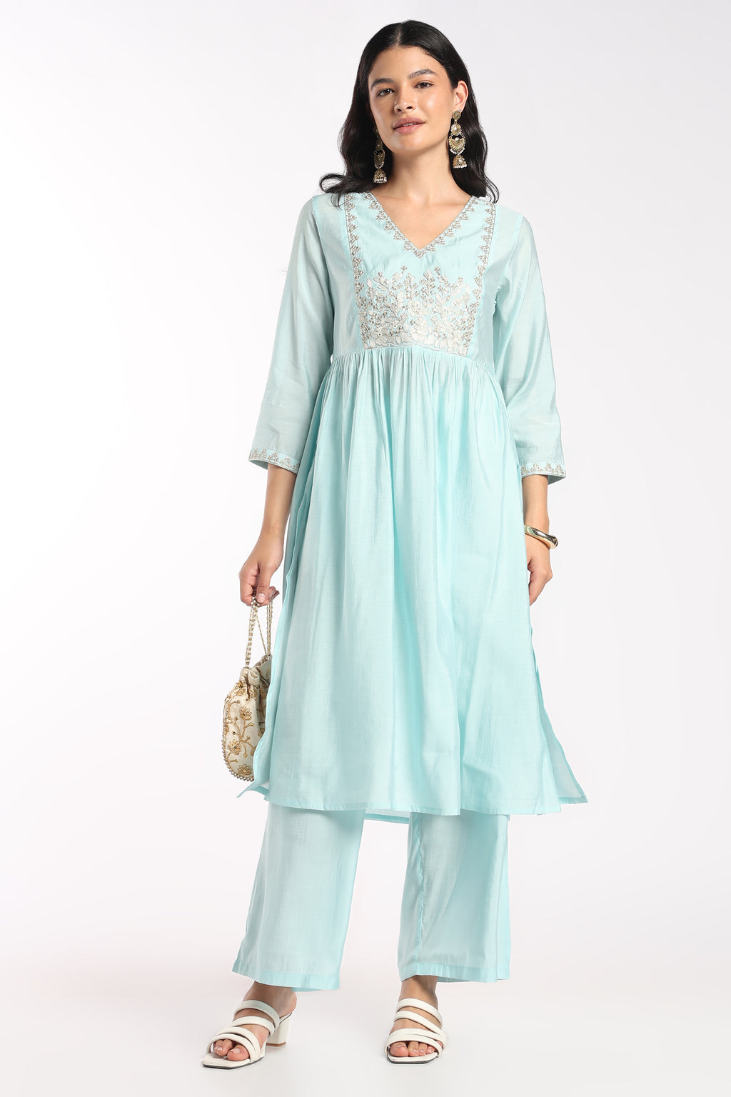 Womens Flared Aqua Embroidered Co-ord Set - Image 1