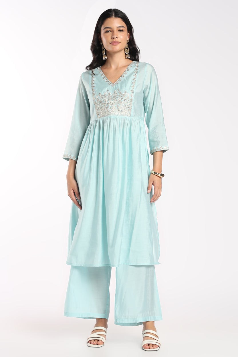 Womens Flared Aqua Embroidered Co-ord Set - Image 2
