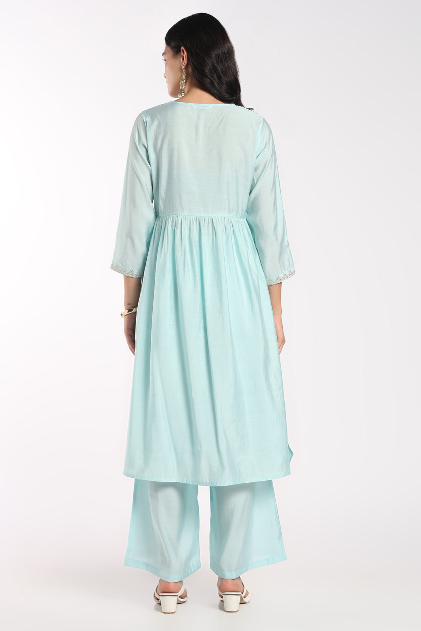 Womens Flared Aqua Embroidered Co-ord Set - Image 4