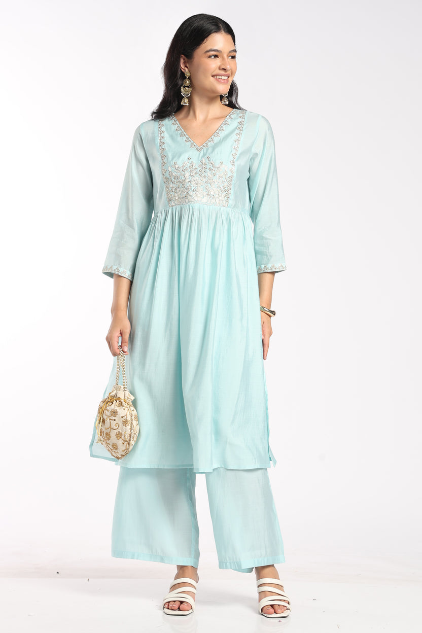 Womens Flared Aqua Embroidered Co-ord Set - Image 6