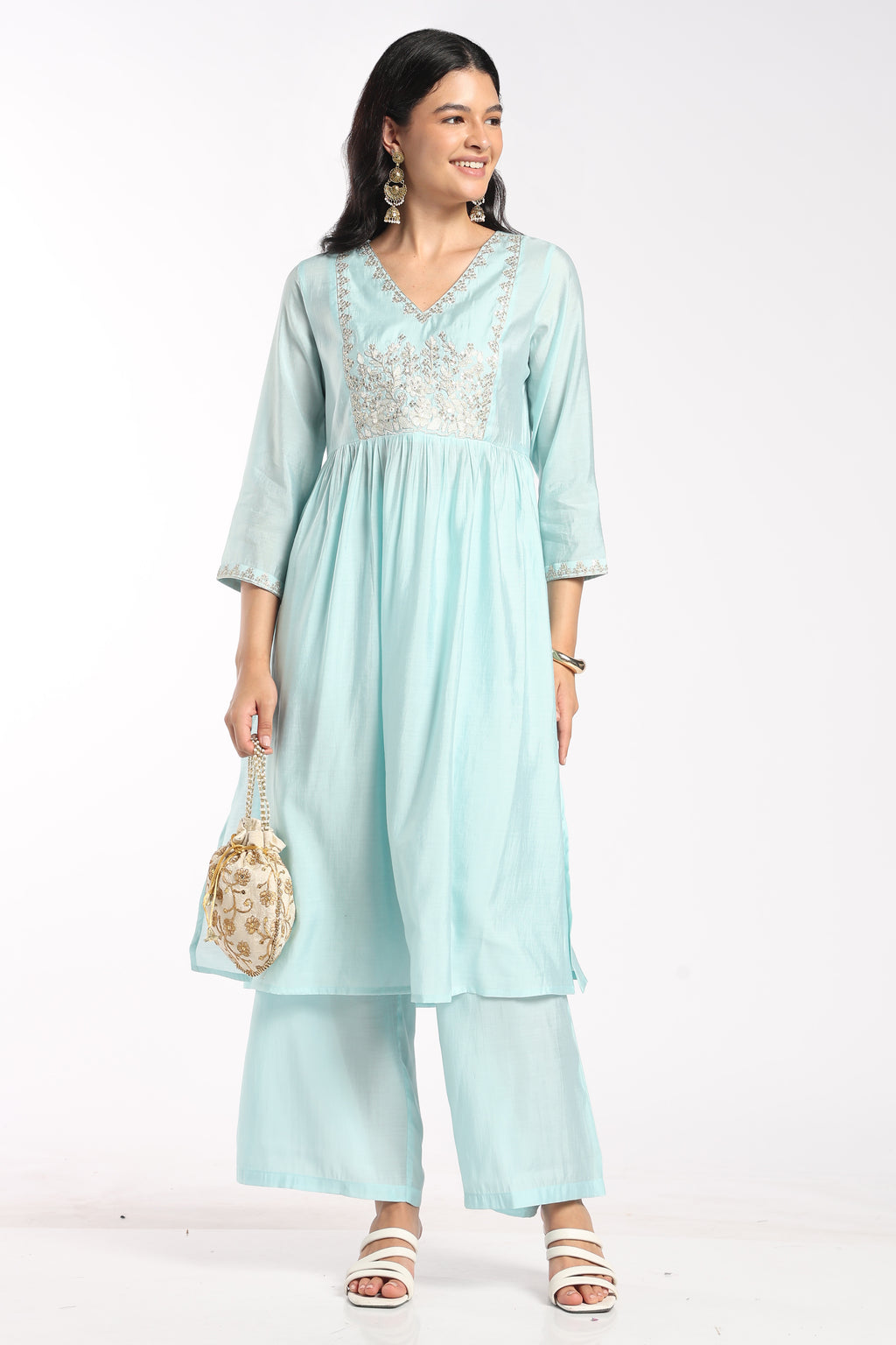 Womens Flared Aqua Embroidered Co-ord Set - Image 6