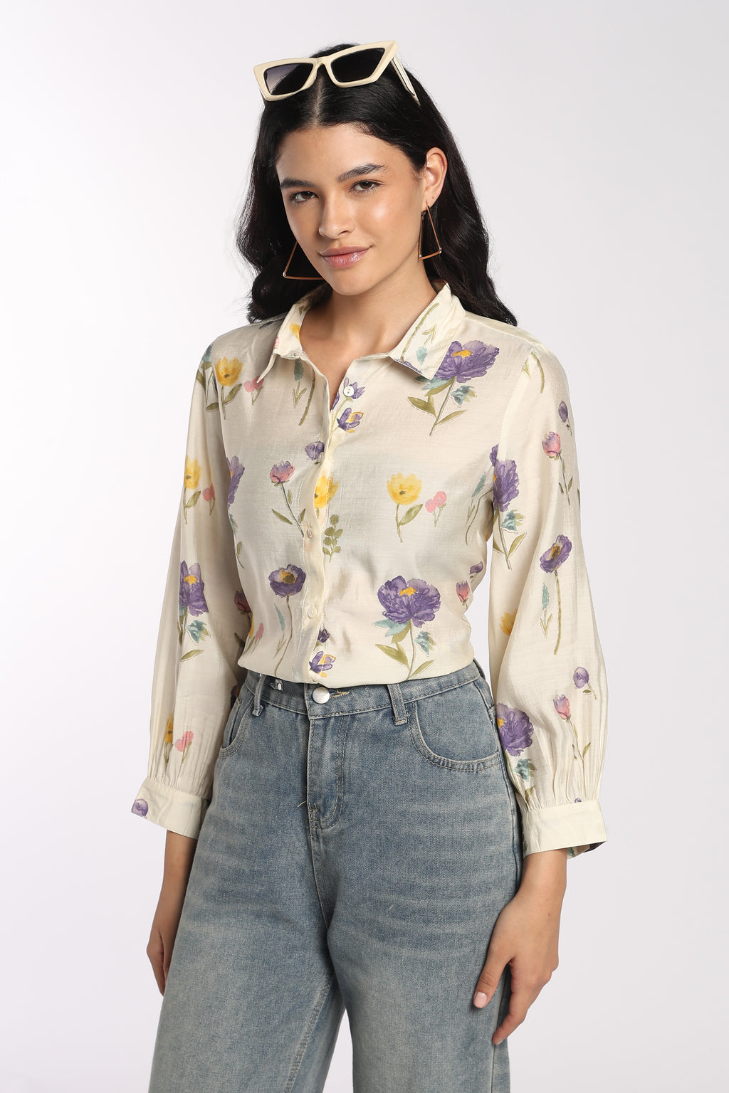 Womens Regular Fit Cream Floral Tunic - Image 1
