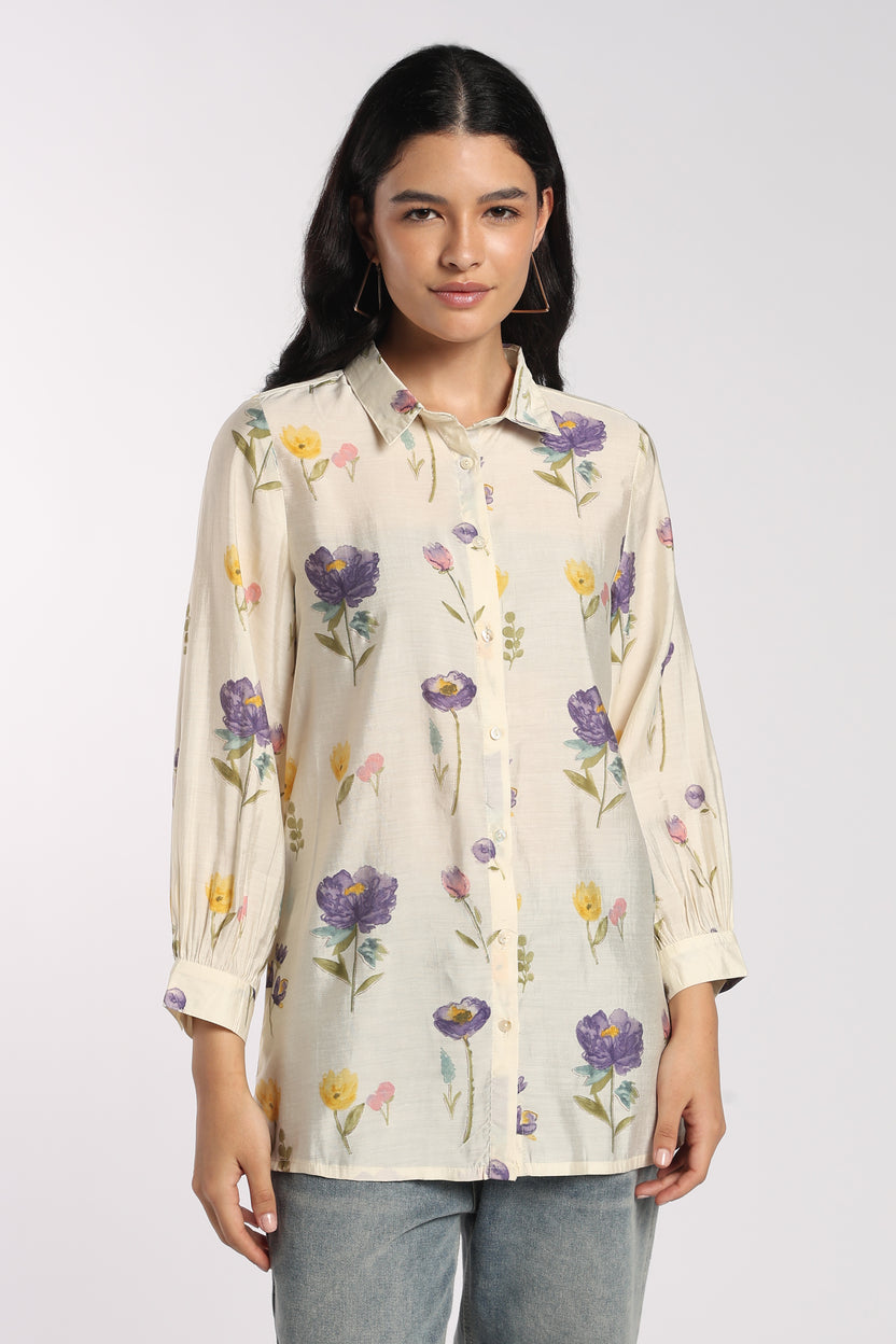 Womens Regular Fit Cream Floral Tunic - Image 2