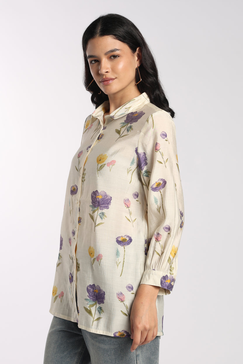 Womens Regular Fit Cream Floral Tunic - Image 4