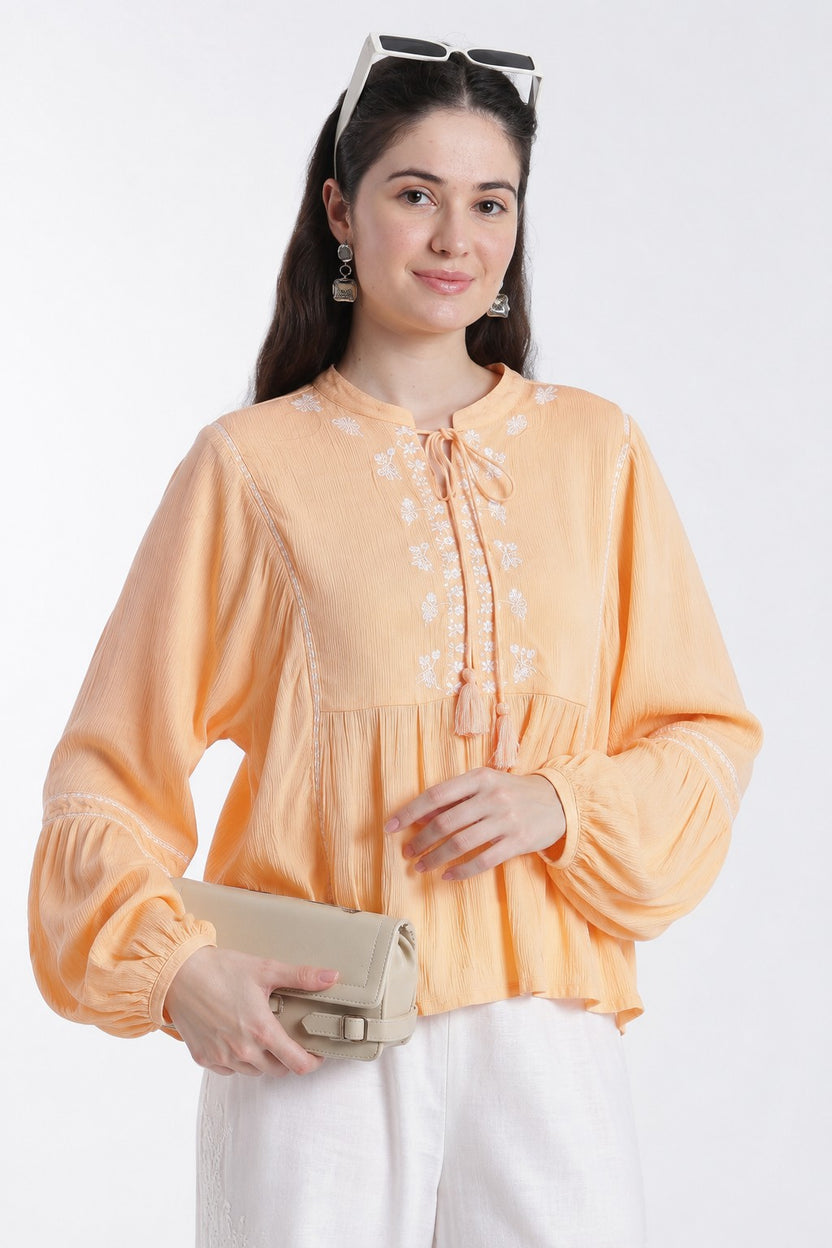 Womens Peach Embroidered Peplum Style Tunic - Image 1