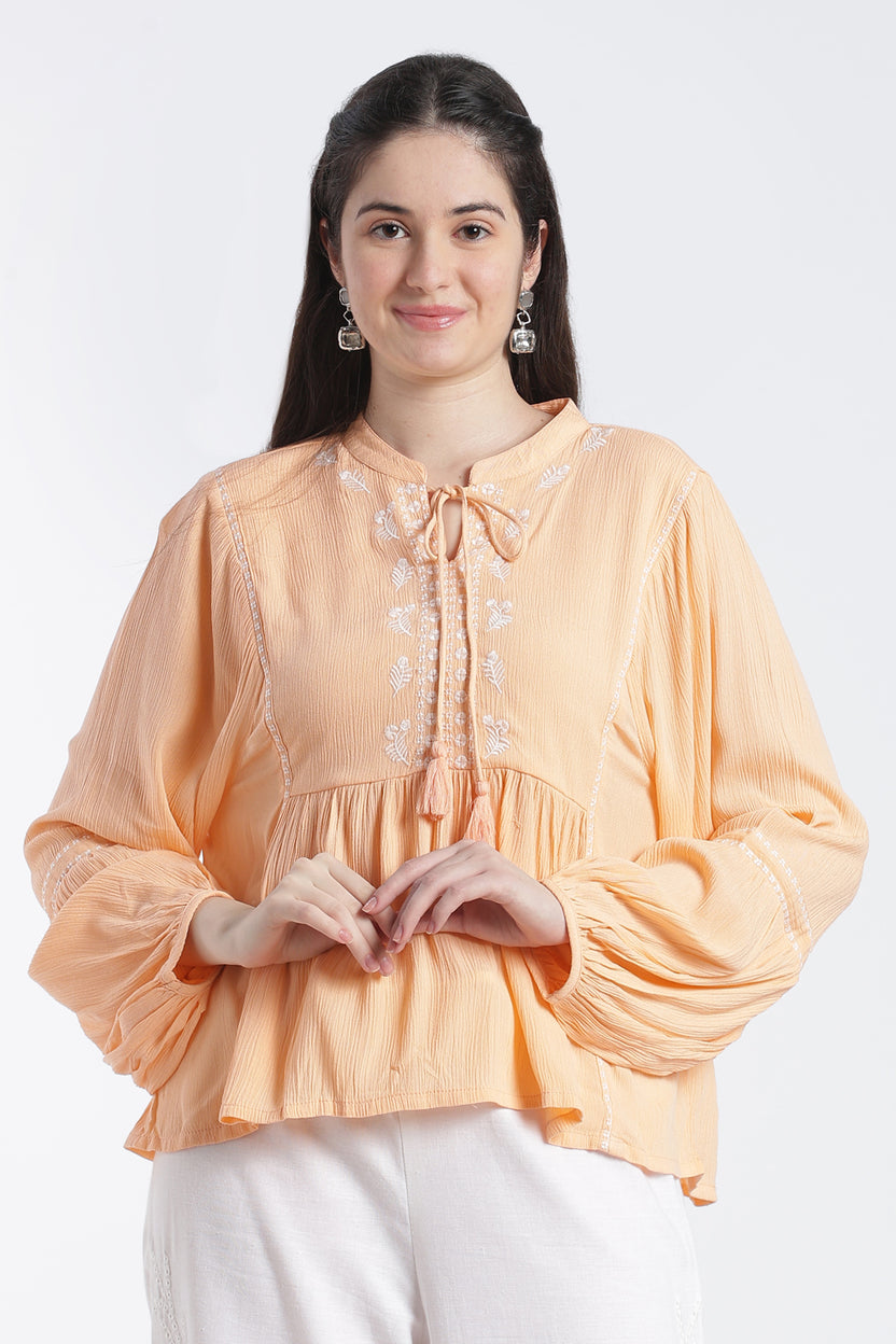 Womens Peach Embroidered Peplum Style Tunic - Image 2