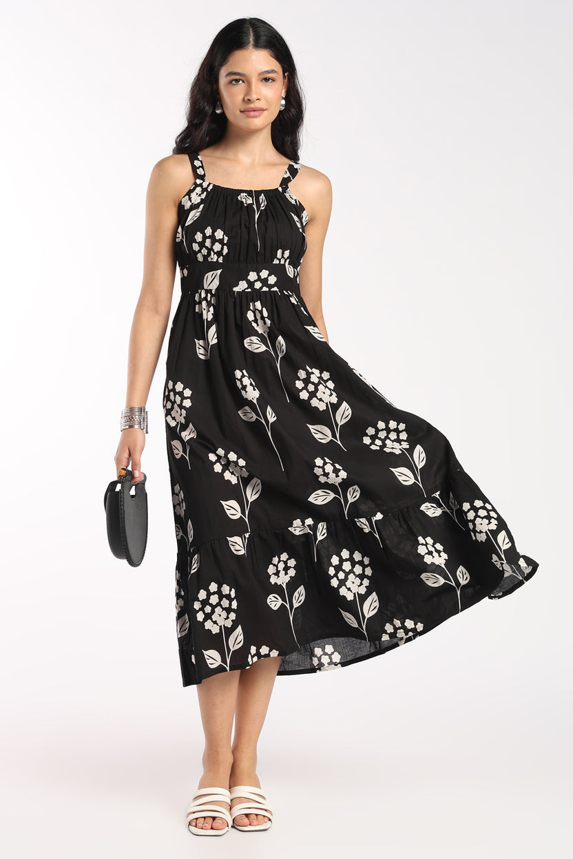 Womens Flared Black Floral Strappy Dress - Image 1