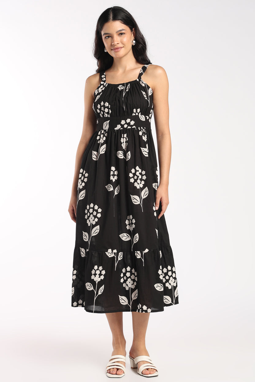 Womens Flared Black Floral Strappy Dress - Image 2
