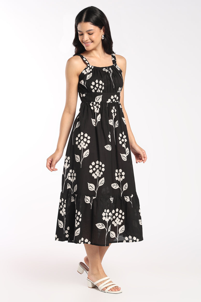 Womens Flared Black Floral Strappy Dress - Image 4