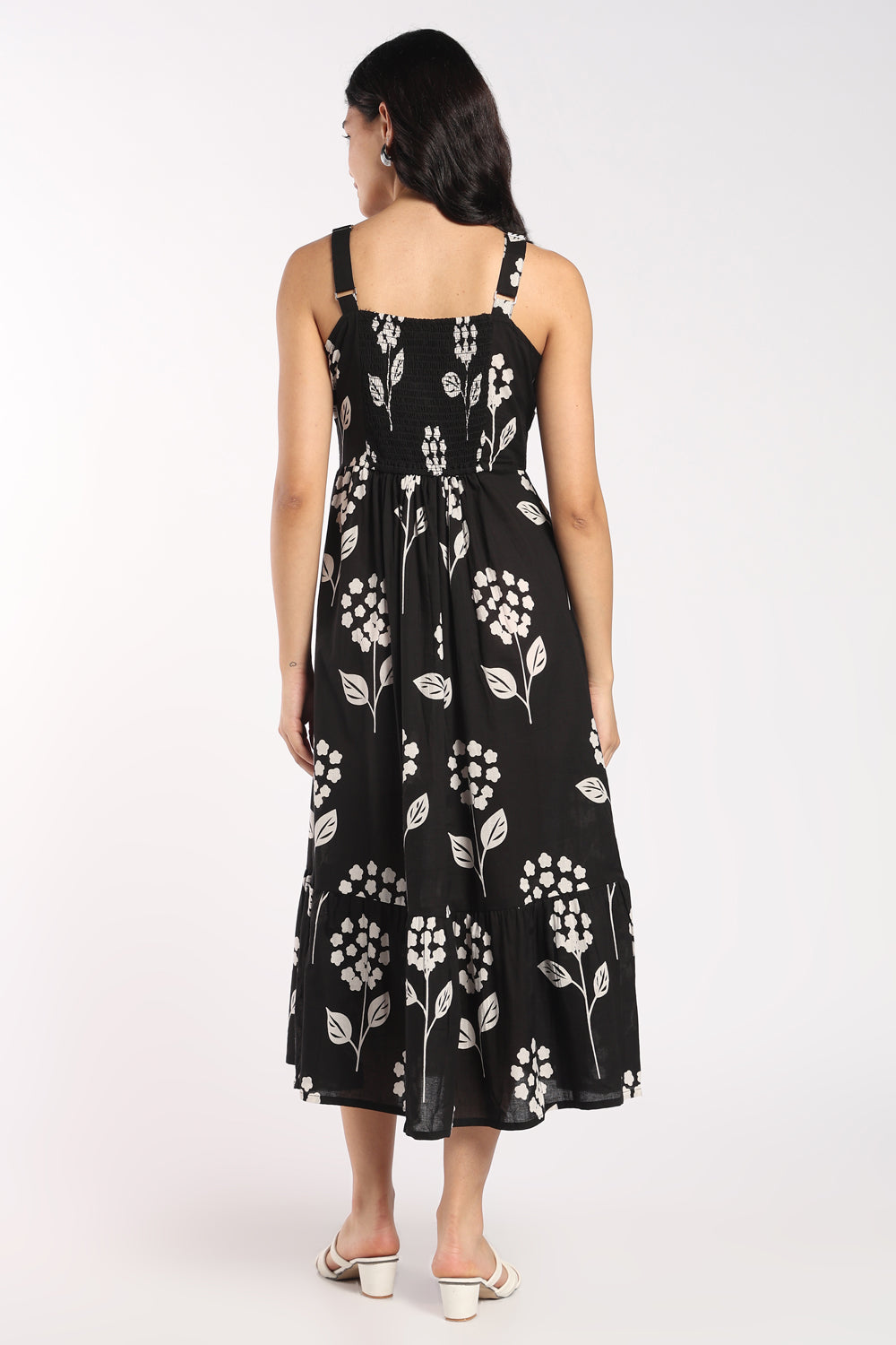 Womens Flared Black Floral Strappy Dress - Image 5