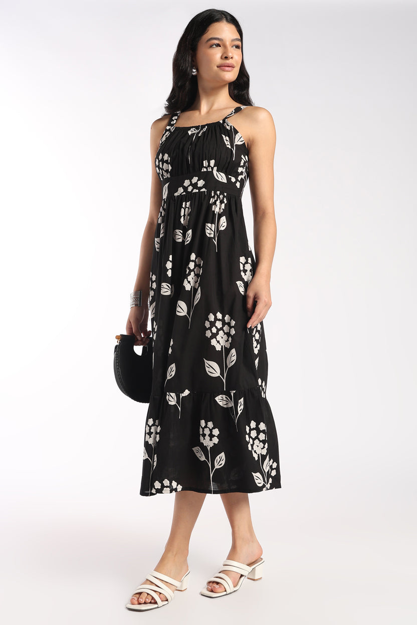 Womens Flared Black Floral Strappy Dress - Image 6
