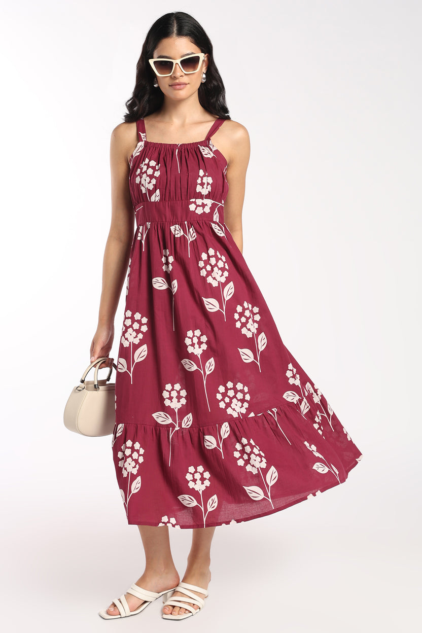 Womens Flared Wine Floral Strappy Dress - Image 1