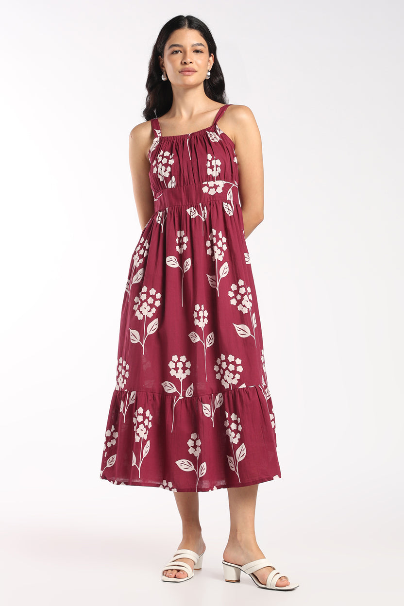 Womens Flared Wine Floral Strappy Dress - Image 2
