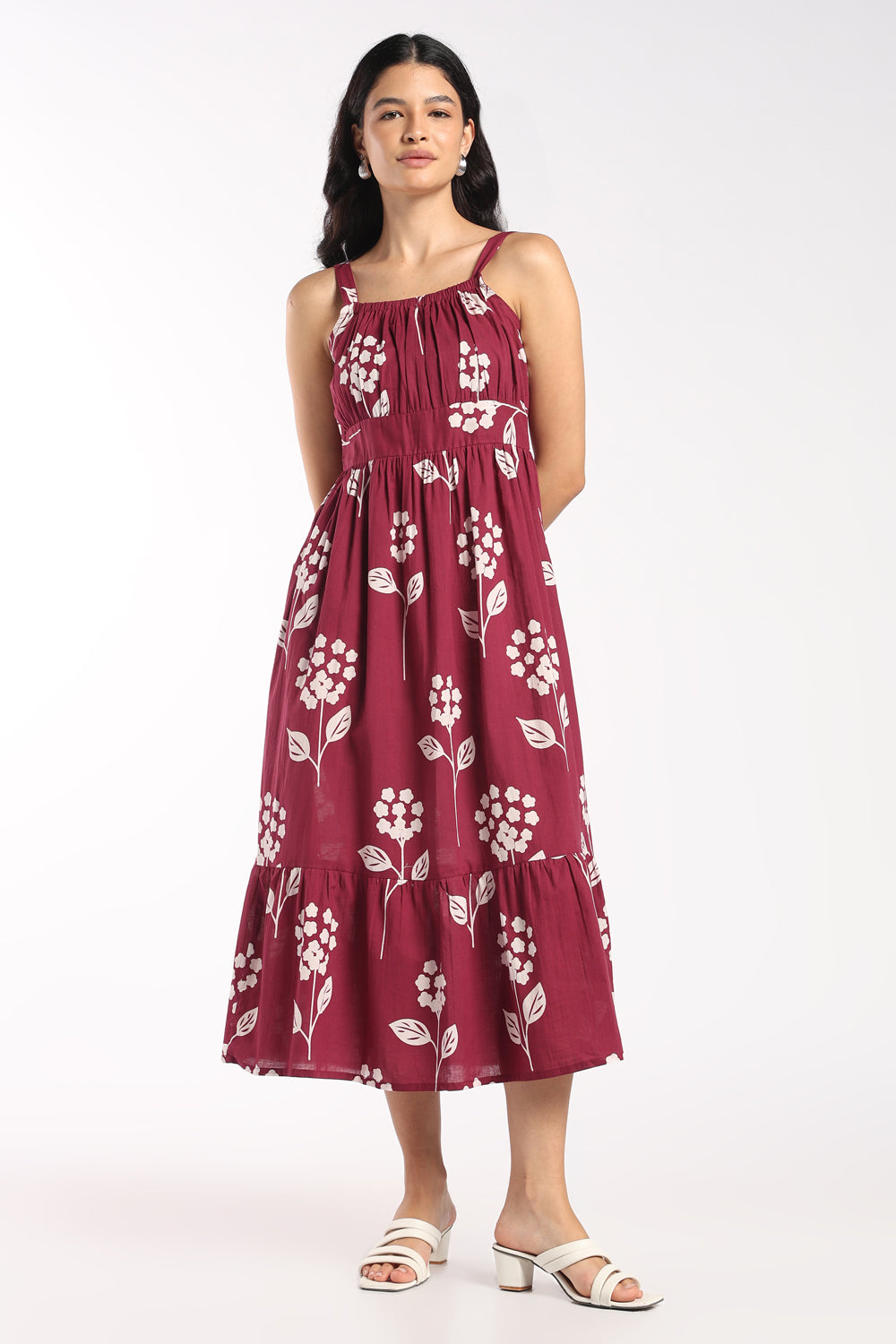 Womens Flared Wine Floral Strappy Dress - Image 2