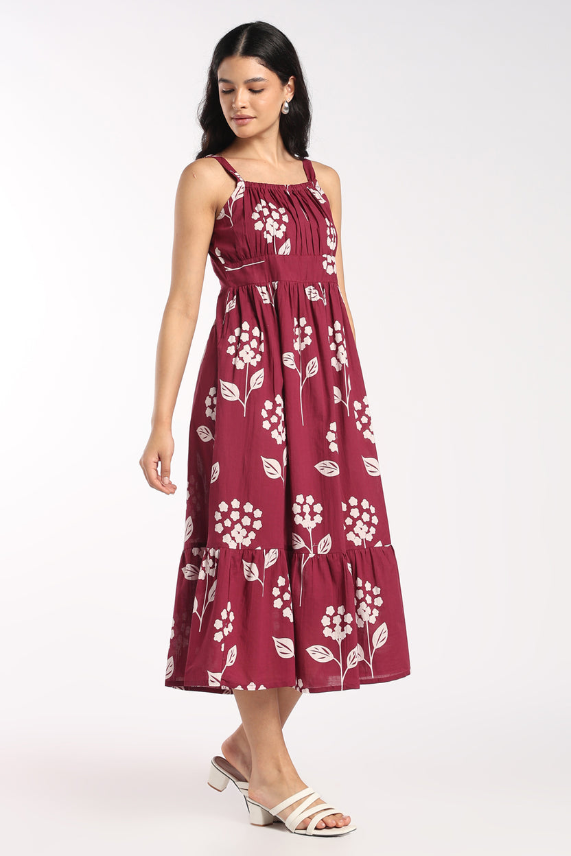 Womens Flared Wine Floral Strappy Dress - Image 4