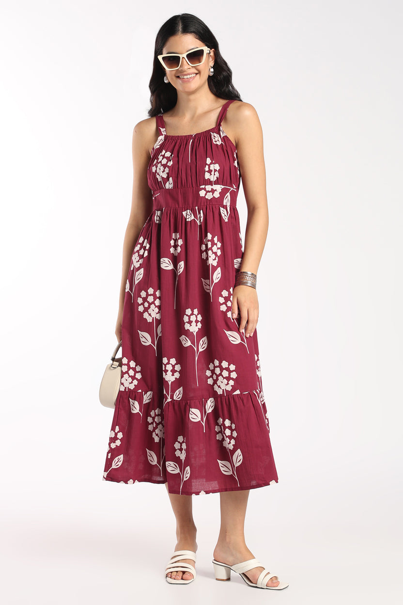 Womens Flared Wine Floral Strappy Dress - Image 6