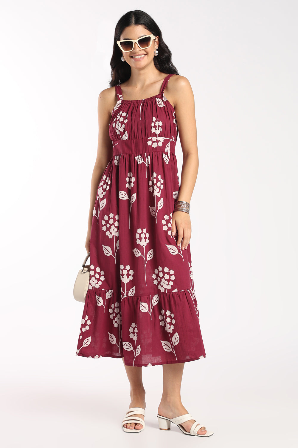 Womens Flared Wine Floral Strappy Dress - Image 6
