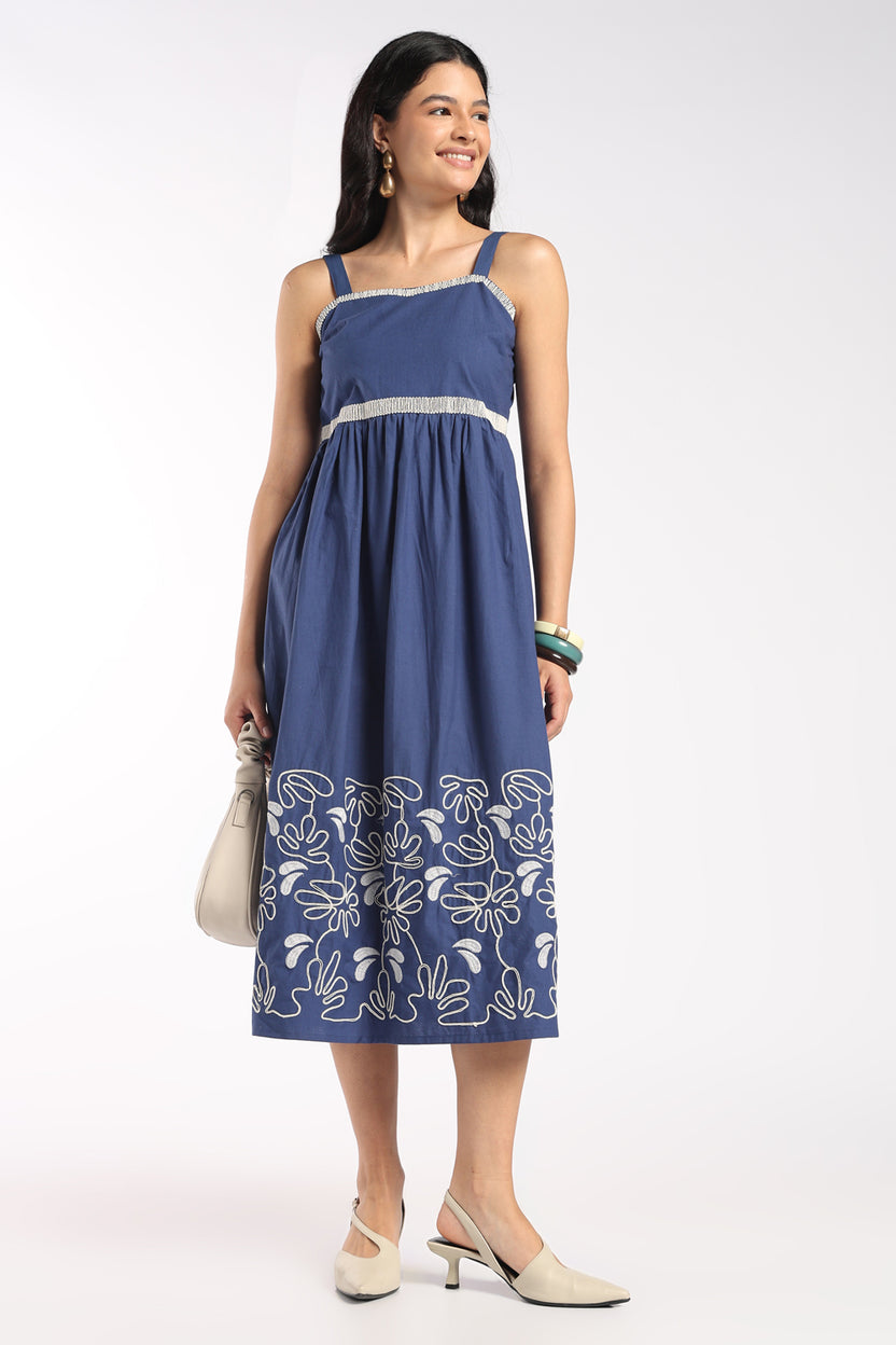 Womens Flared Blue Embroidered Strappy Dress - Image 1