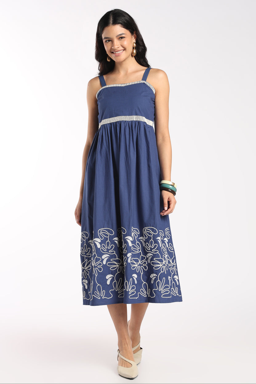 Womens Flared Blue Embroidered Strappy Dress - Image 2