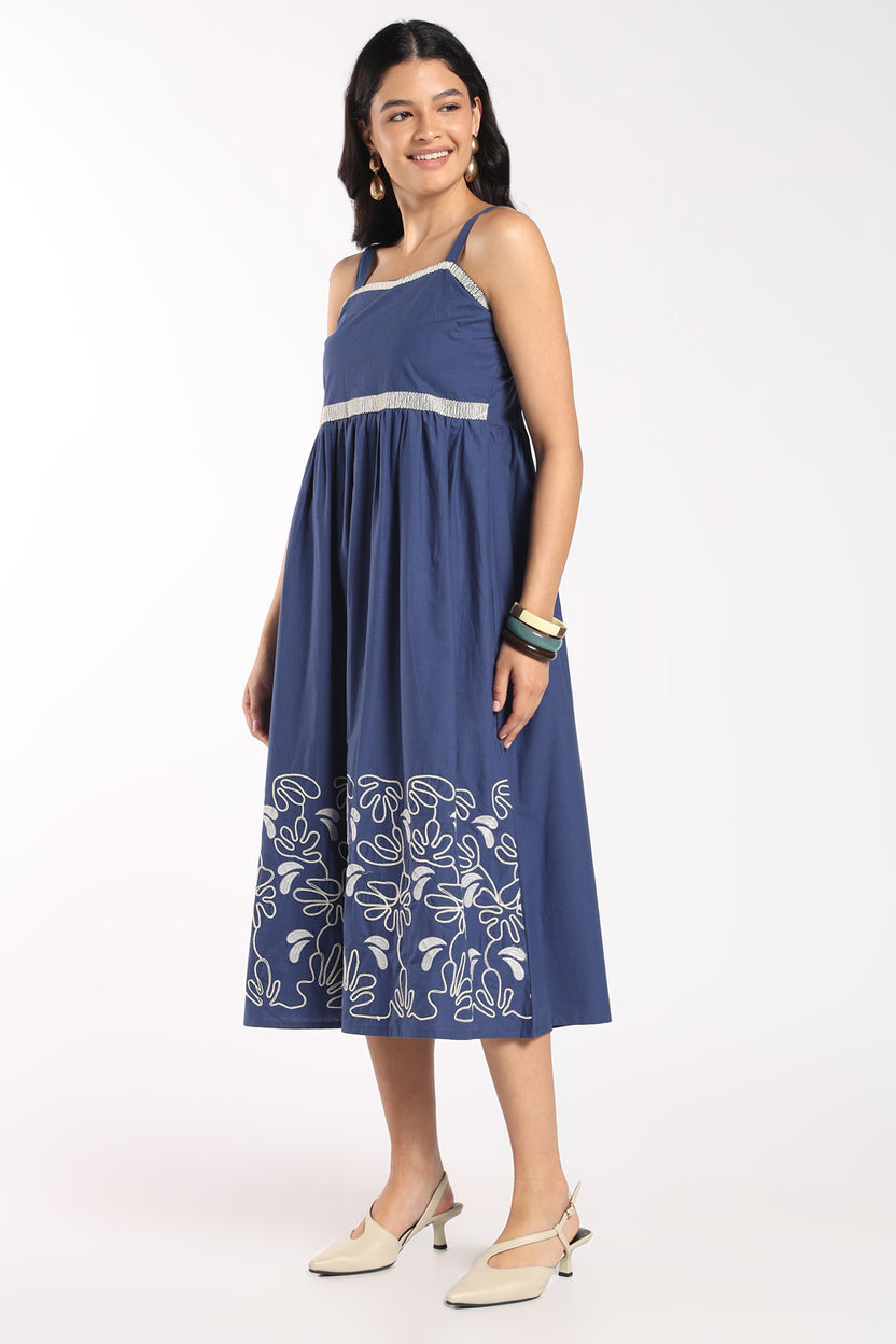 Womens Flared Blue Embroidered Strappy Dress - Image 4