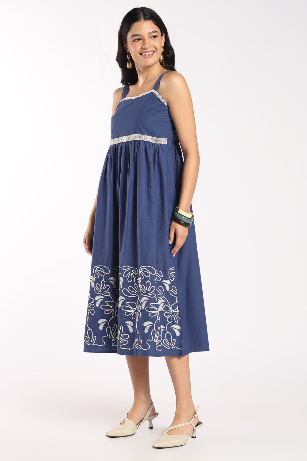 Womens Flared Blue Embroidered Strappy Dress - Image 4