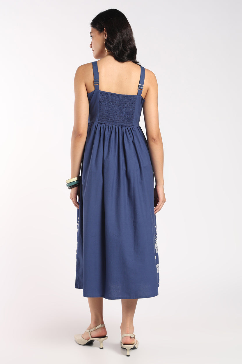 Womens Flared Blue Embroidered Strappy Dress - Image 5