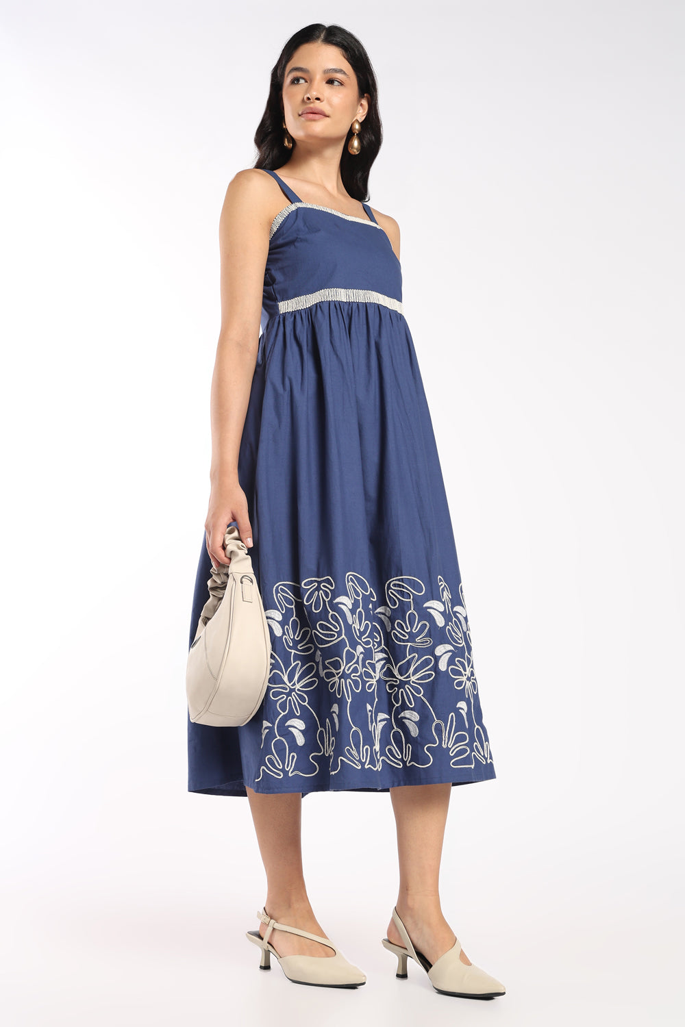 Womens Flared Blue Embroidered Strappy Dress - Image 6
