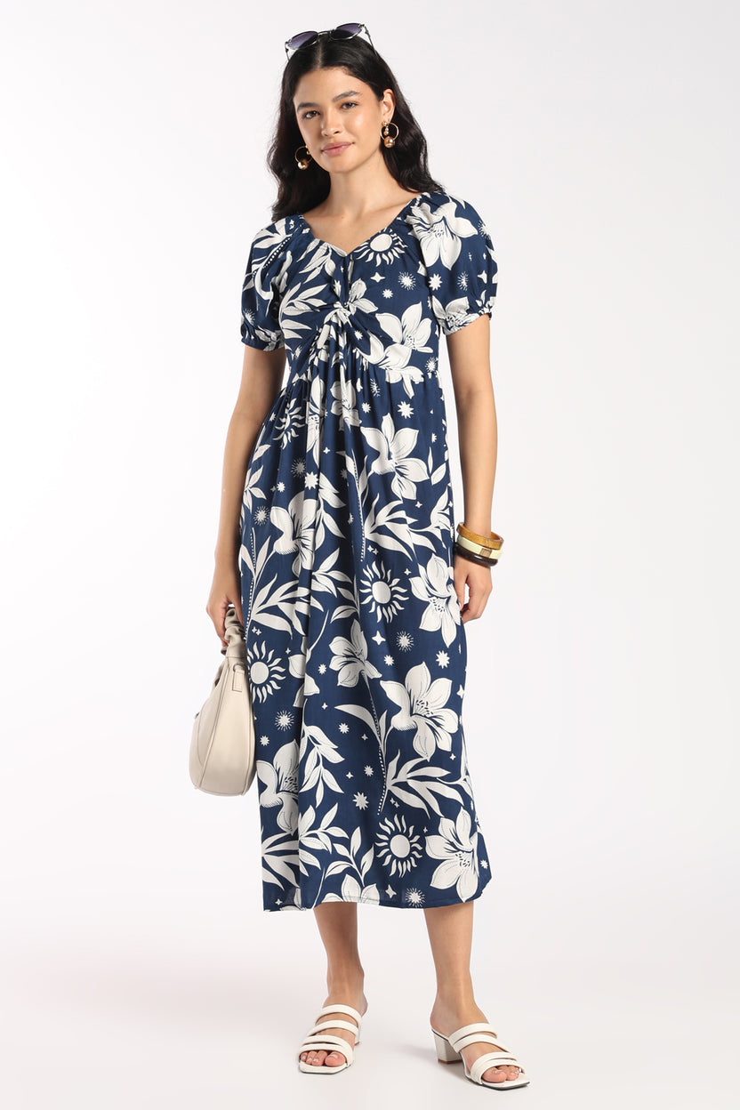 Womens Flared Navy Floral Knot Dress - Image 1