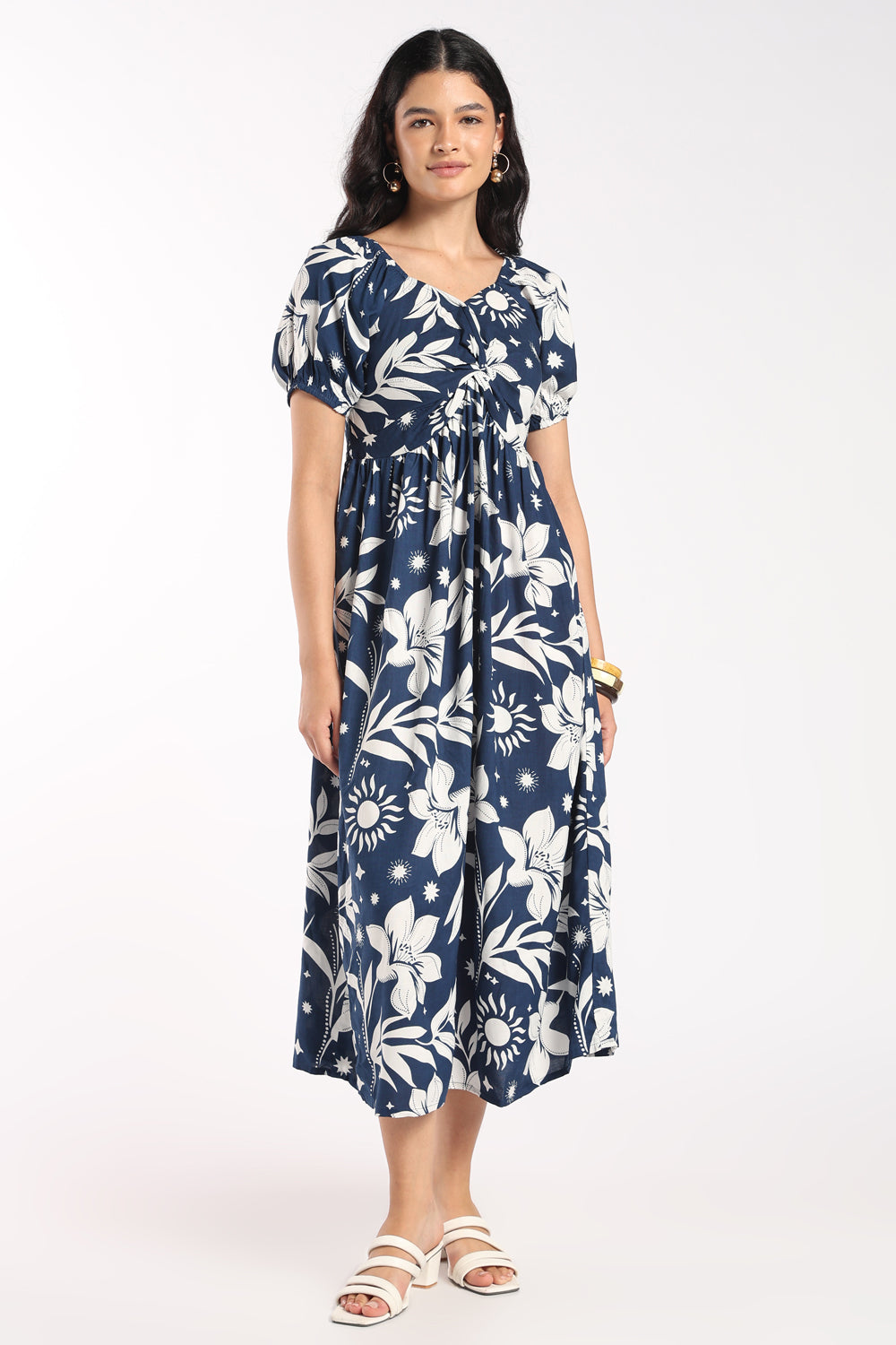 Womens Flared Navy Floral Knot Dress - Image 2