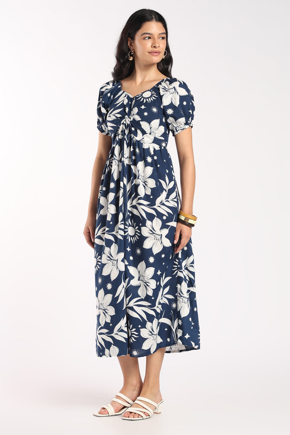 Womens Flared Navy Floral Knot Dress - Image 4